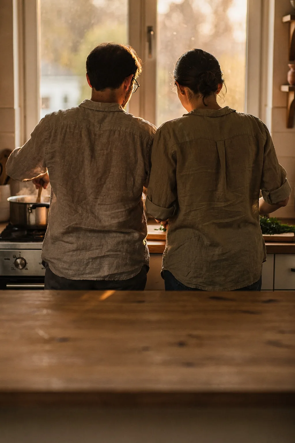 Zwei Menschen stehen nebeneinander am Herd und kochen zusammen